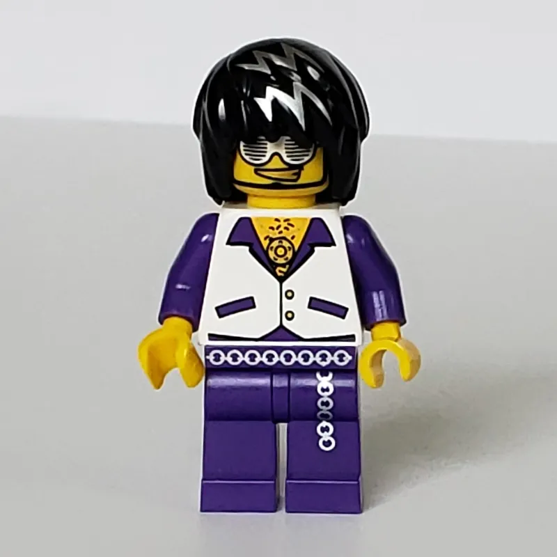 Musician, Man, White Vest over Dark Purple Shirt, Black Hair with Silver Streaks, Glasses