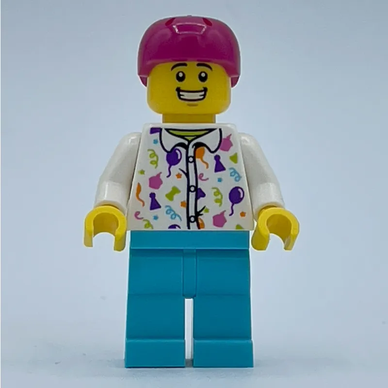 Man, White Shirt with Balloons, Medium Azure Legs, Magenta Helmet