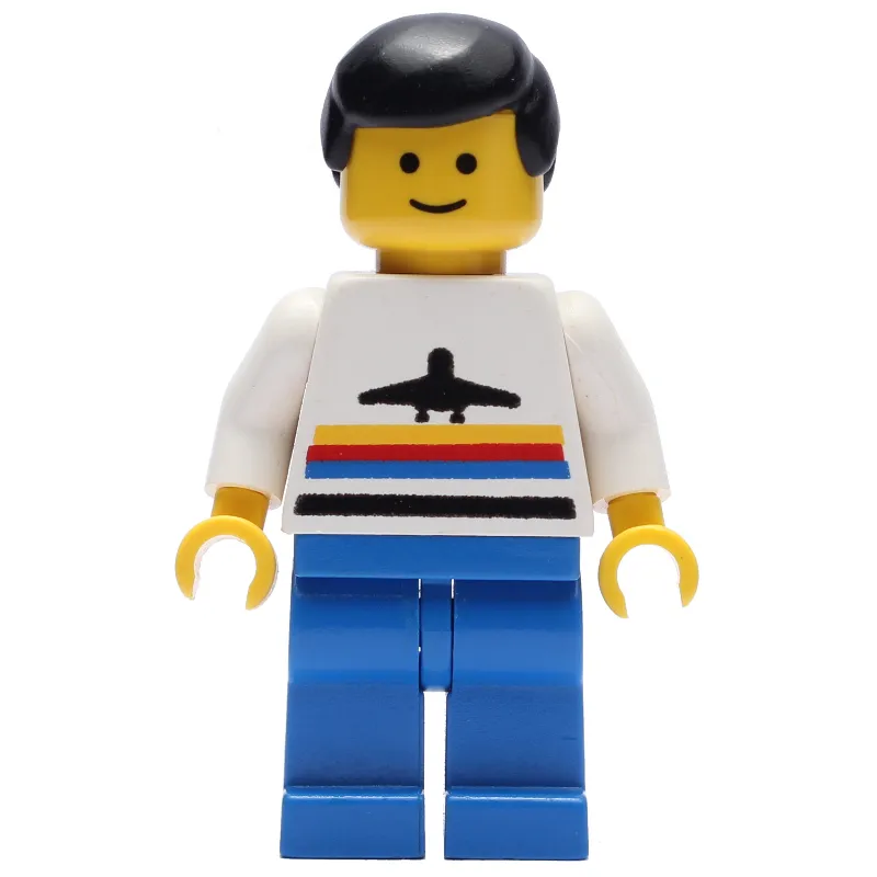 Man, White Shirt with Airplane, Blue Legs, Black Hair