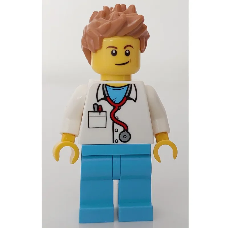 Doctor, White Shirt over Medium Azure Scrubs with Stethoscope and Pocket, Medium Nougat Hair