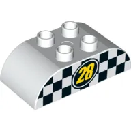 Duplo Brick 2 x 4 Curved Top with Yellow '28' with Black and White Checkered Print