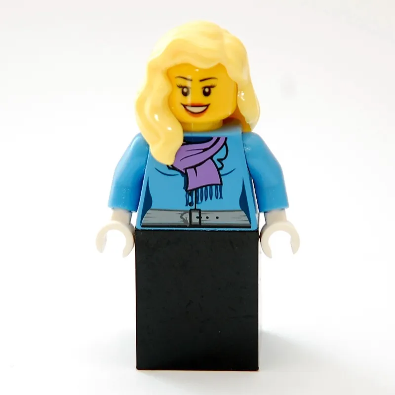 Woman, Medium Blue Jacket with Medium Lavender Scarf, Black Skirt