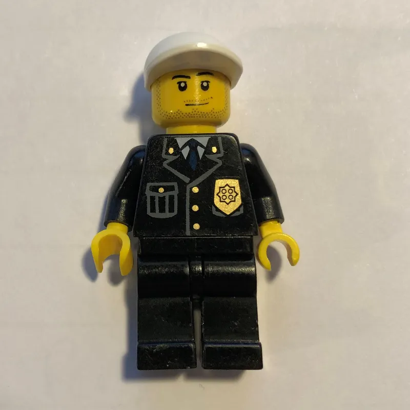 Policeman, Black Suit with Badge, White Cap, Stubble