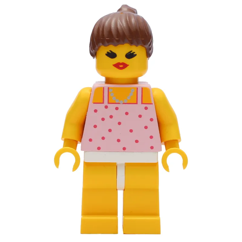 Woman, Pink Top with Spots, Yellow Legs, Brown Hair - Open Mouth