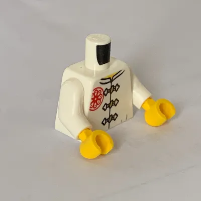 Torso Gi with 3 Gold Frog Clasps, Red Flower Symbol on Lapel and Back Print (Teen Wu), White Arms, Yellow Hands