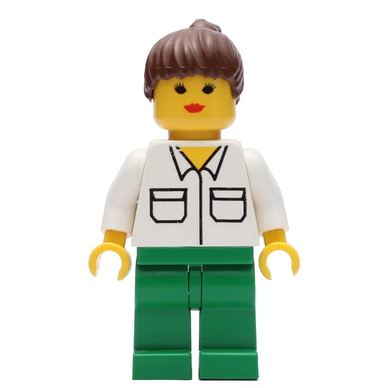 Woman, White Shirt with Pockets, Green Legs, Brown Hair