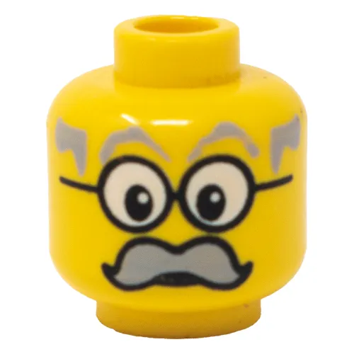 Minifig Head Infomaniac, Moustache Large Gray, Gray Eyebrows, and Large Glasses Print [Blocked Open Stud]