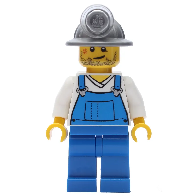 Miner, Blue Overalls over White V-Necked Shirt, Mining Hat