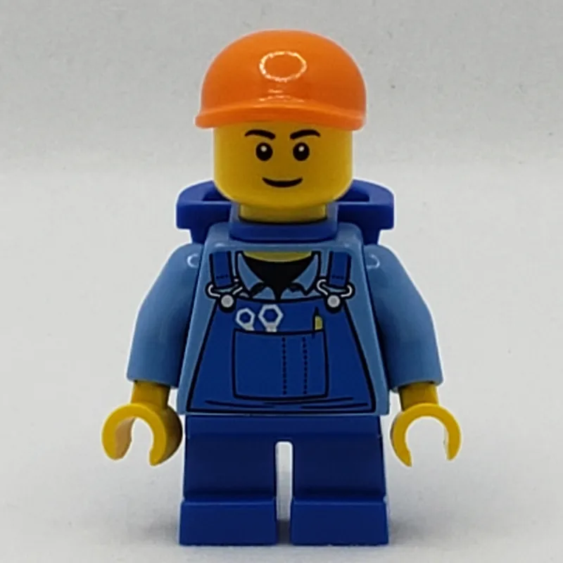 Boy, Blue Overalls, Short Blue Legs, Orange Cap, Reddish Brown Eyebrows