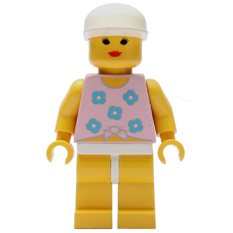 Woman, Tied Pink Tank Top with Flowers, Yellow Legs, White Cap