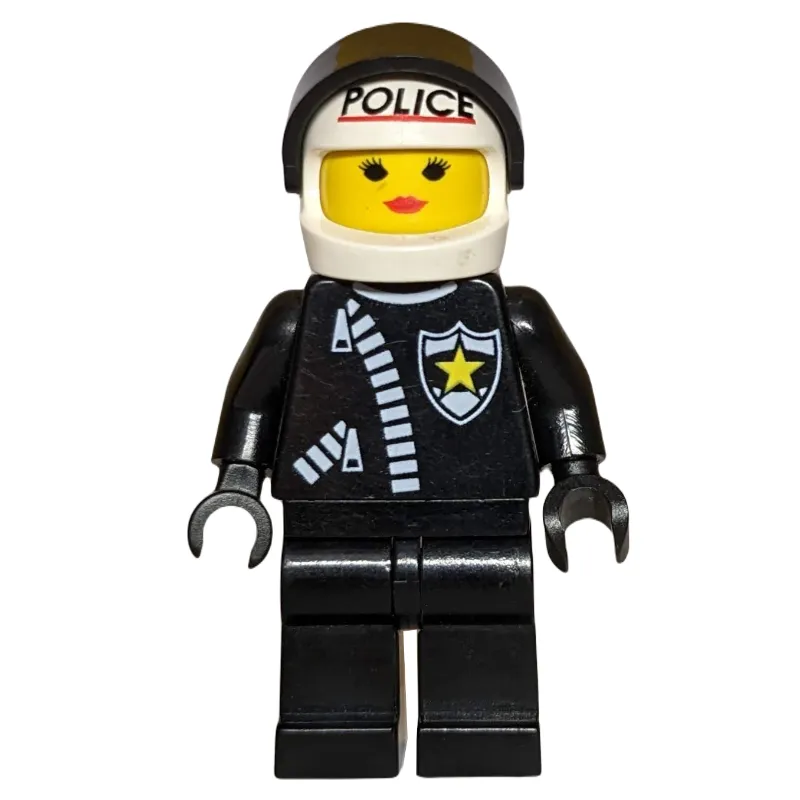 Paula - Policewoman, Black Jacket with Zipper and Badge, White Helmet with 'POLICE' and Visor