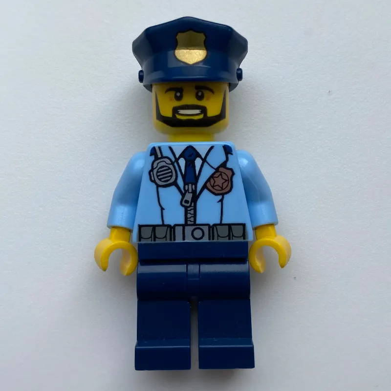 Policeman, Bright Light Blue Jacket with Zipper, Radio, Badge, and Tie, Dark Blue Legs, Dark Blue Police Hat with Badge, Beard