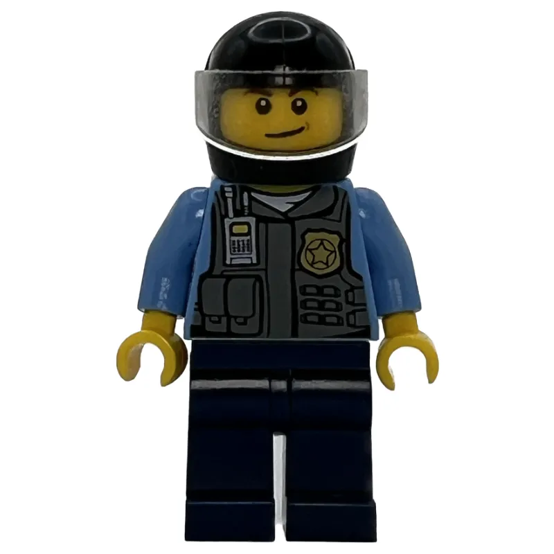Policeman, Dark Bluish Gray Vest with Radio, Badge and Pouches over Medium Blue Shirt, Black Helmet with Visor