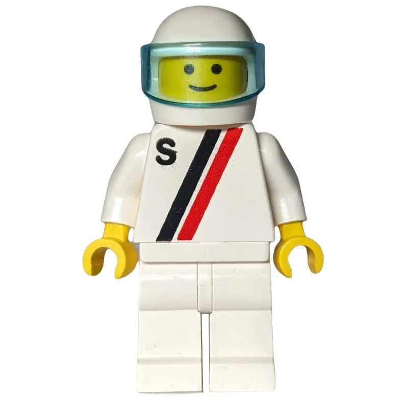 Racer, White Shirt with Two Stripes and 'S', White Legs, White Helmet with Visor