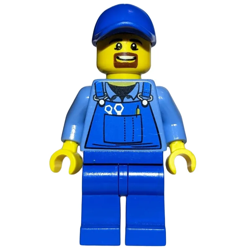 Man, Blue Overalls over Shirt, Blue Legs, Blue Cap, Goatee Beard