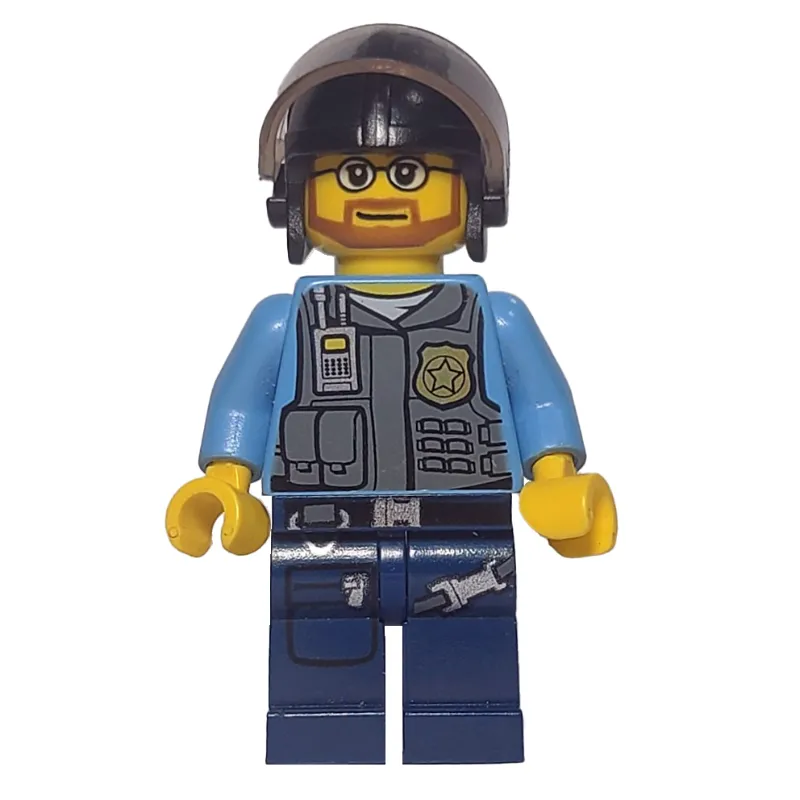 Policeman, Dark Bluish Gray Vest with Radio, Badge and Pouches over Medium Blue Shirt, Black Helmet with Visor, Beard and Glasses