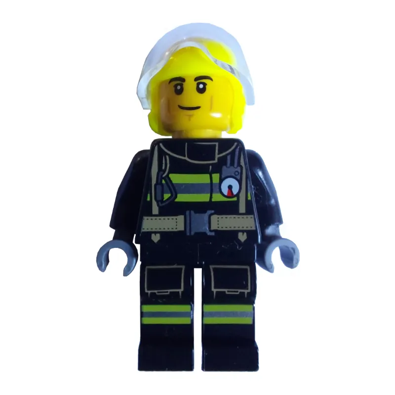 Firefighter, Black Fire Suit, Vibrant Yellow Helmet