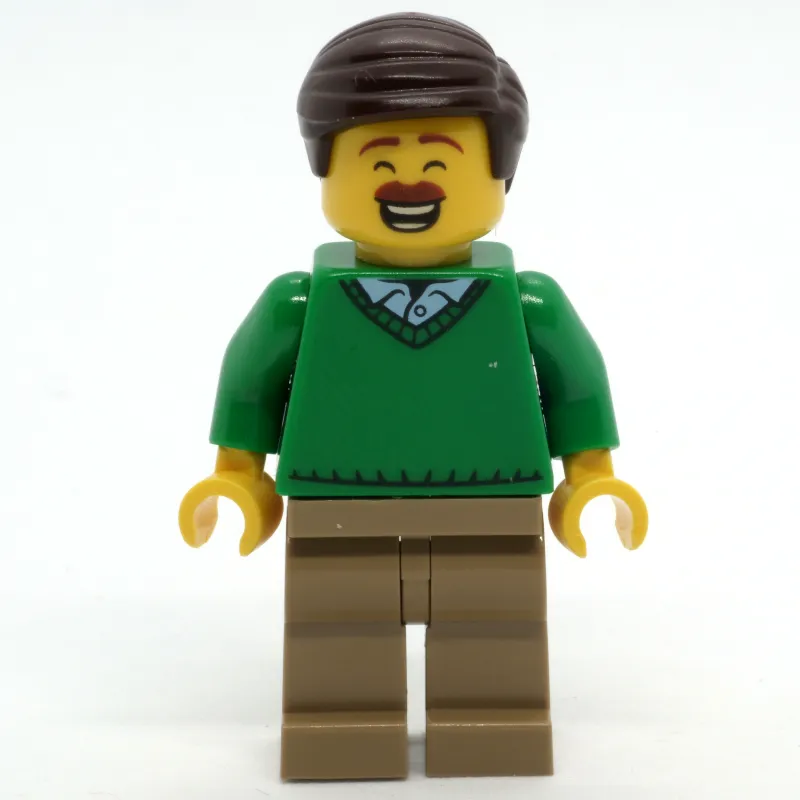 Man, Green Sweater, Dark Tan Legs, Dark Brown Hair, Moustache