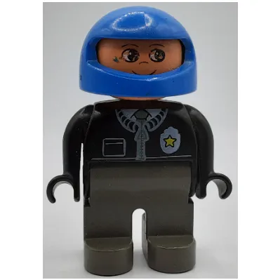 Duplo Figure, Early, Helmet Blue, Dark Gray Legs, Jacket with Zipper, Tie, and Police Badge Print