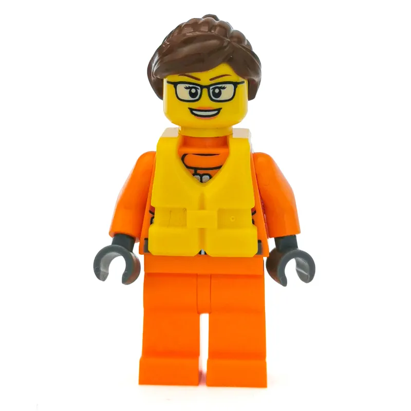 Coast Guard, Woman, Orange Jumpsuit, Yellow Life Vest, Reddish Brown Hair, Glasses