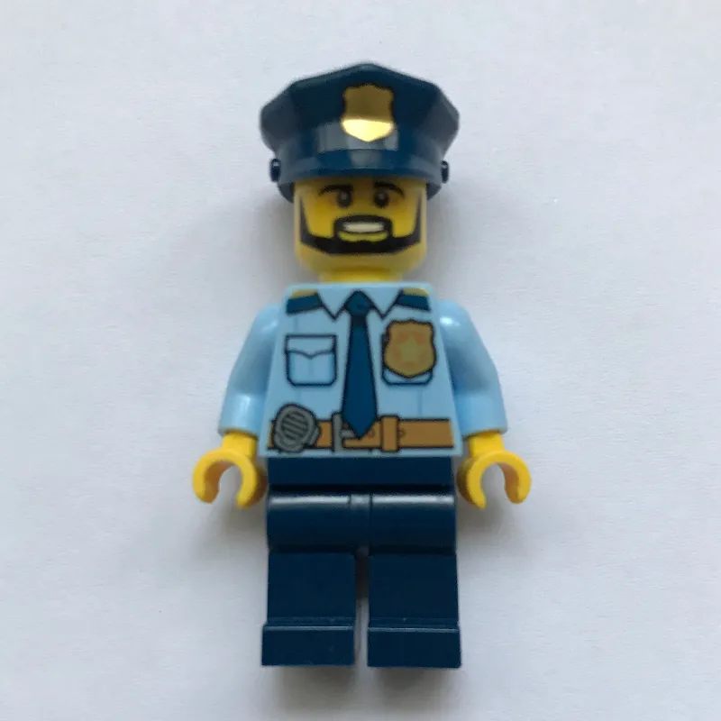 Policeman, Bright Light Blue Shirt with Radio and Badge, Dark Blue Legs, Police Hat with Badge, Beard