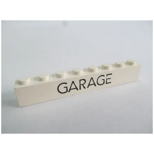 Brick 1 x 8 with 'GARAGE' Thin Narrow Black Print