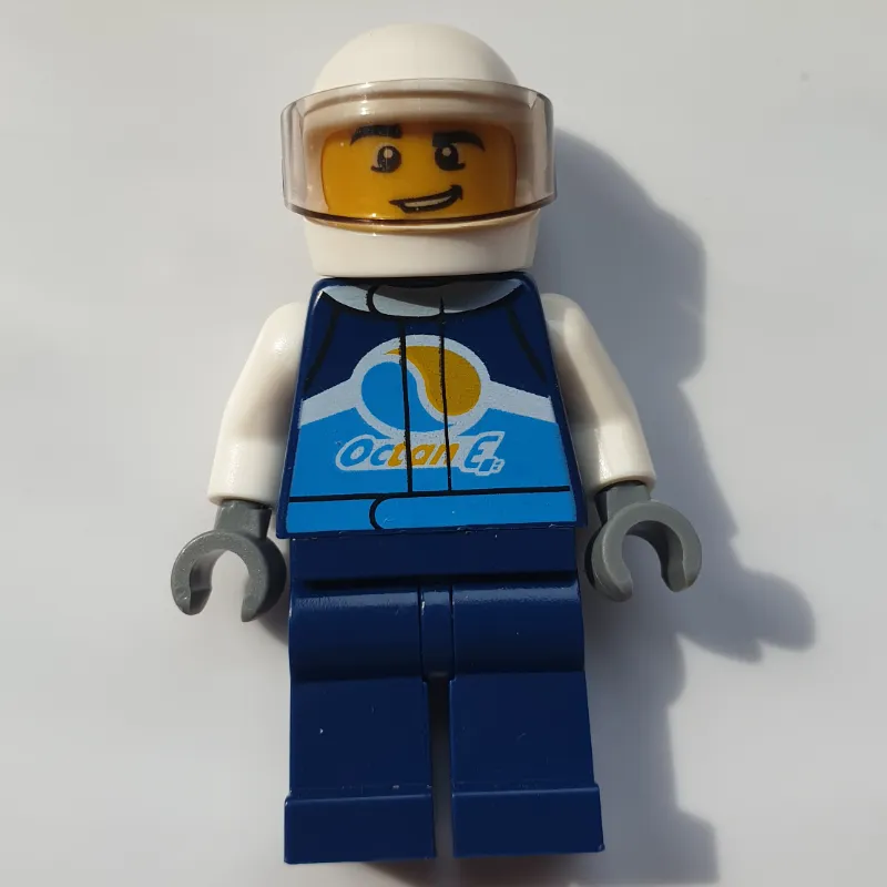 Racer, Dark Blue Jumpsuit with Octan E Logo, White Helmet with Visor