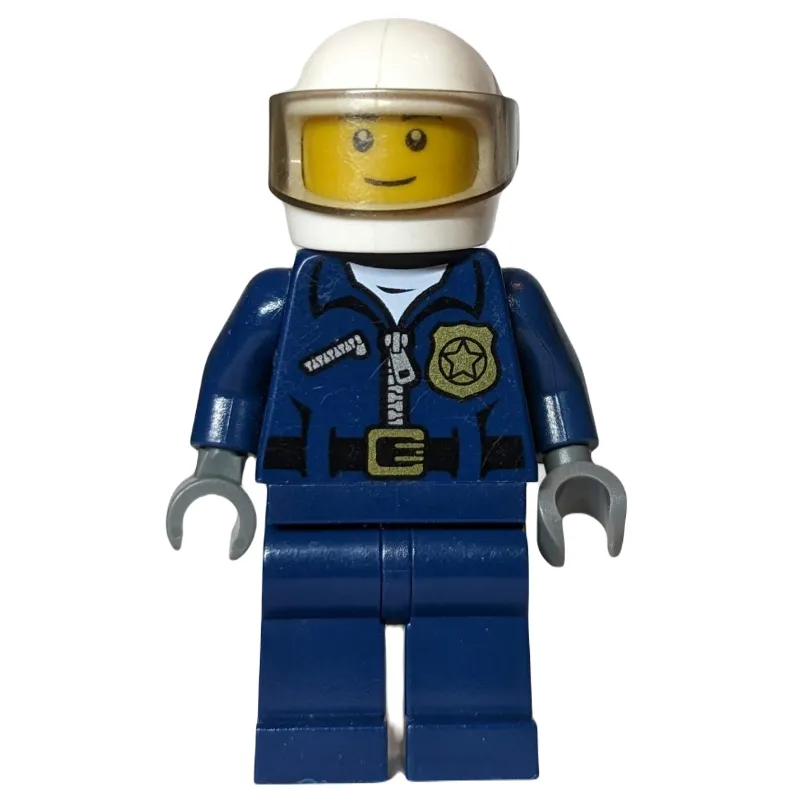 Policeman, Dark Blue Jacket with Zipper, Badge, and 'POLICE' on Back, White Helmet with Visor
