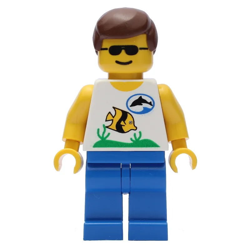 Marine Explorer, White Shirt with Fish, Brown Hair, Sunglasses