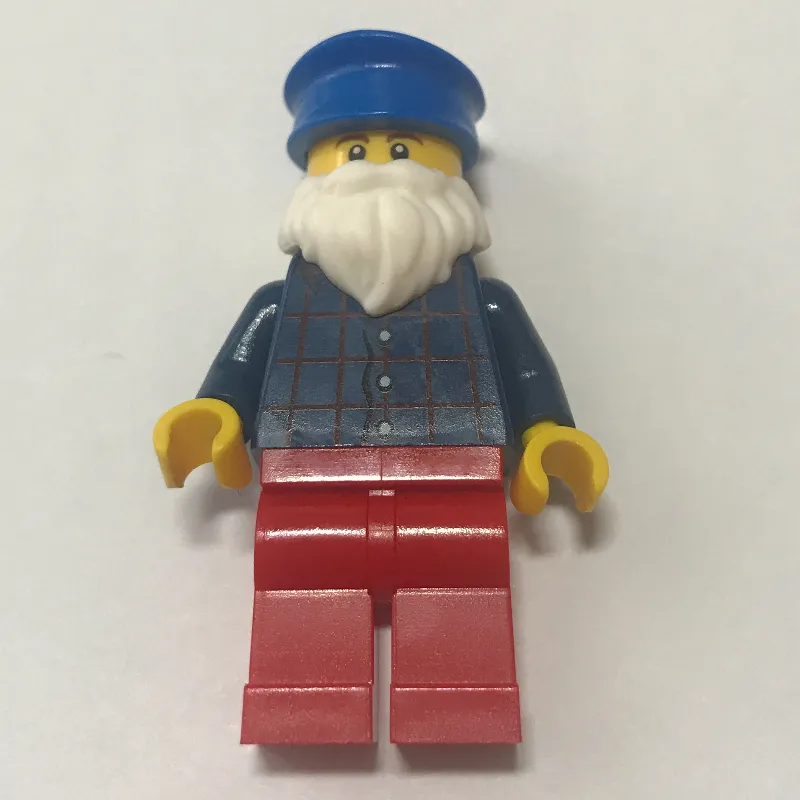 Man, Dark Blue Plaid Shirt, Red Legs, Blue Hat, White Beard