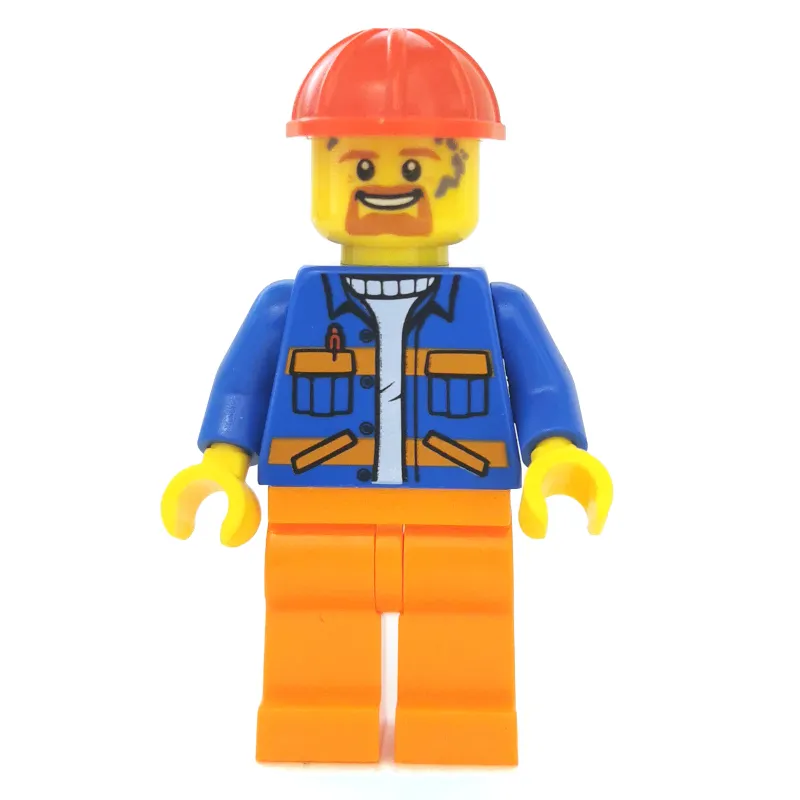 Construction Worker, Blue Jacket with Orange Stripes, Orange Legs, Red Hard Hat, Goatee Beard and Dirty