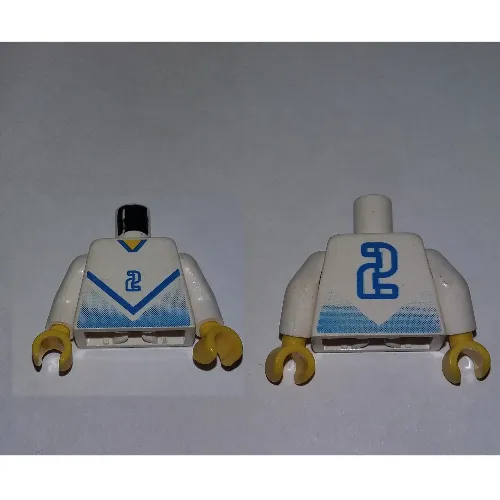 Torso Soccer Shirt with Blue Chevron and '2' Front and Back Print, White Arms, Yellow Hands