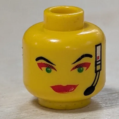 Minifig Head Cam, Red Lips, Green Eyes, Red Eye Shadow, Headset Print