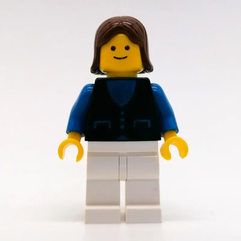 Woman, Black Vest over Blue Top, White Legs, Brown Hair