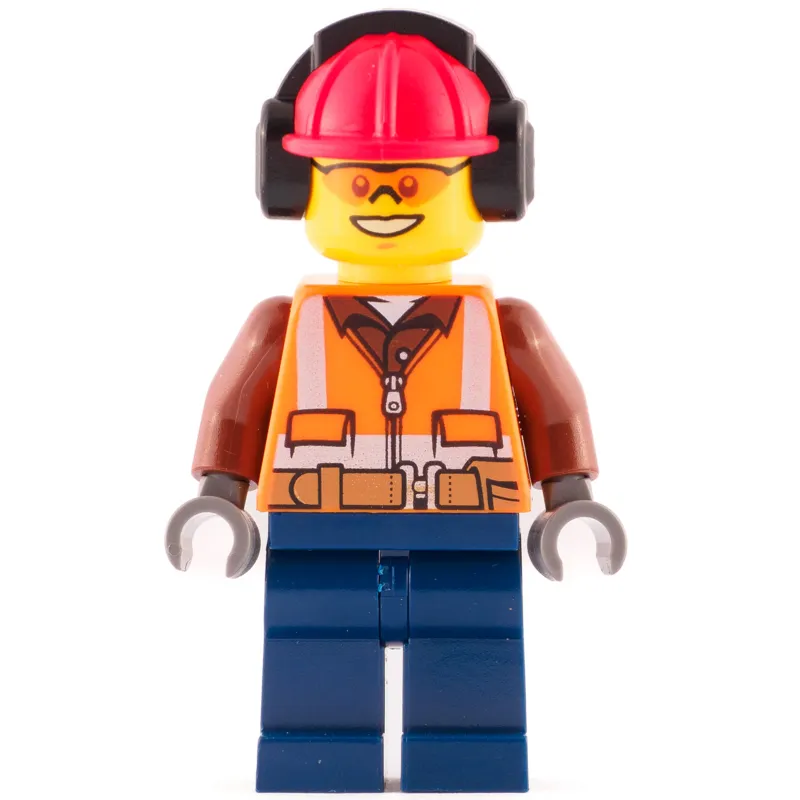 Construction Worker, Orange Safety Vest with Zipper over Reddish Brown Shirt, Dark Blue Legs, Red Hard Hat with Ear Defenders, Orange Safety Glasses