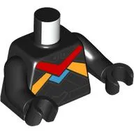 Torso, Racing Suit, Red/Bright Light Orange/Medium Azure Stripes print, Black Arms and Hands