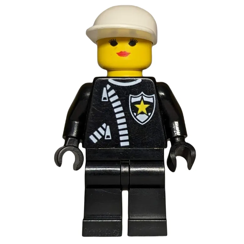Policewoman, Black Jacket with Zipper and Badge, White Cap