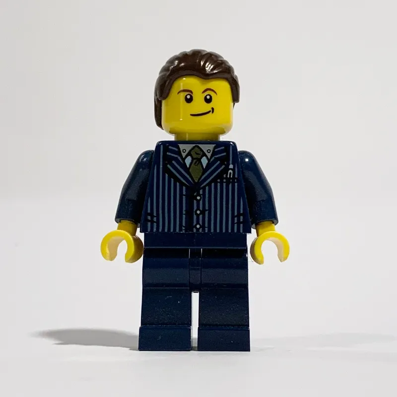 Man, Dark Blue Pinstripe Suit with Gold Tie, Dark Brown Hair, Brown Eyebrows