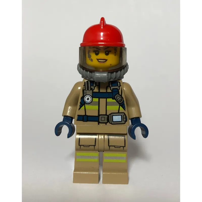 Firewoman, Dark Tan Fire Suit with Gauge and Straps, Red Helmet, Breathing Apparatus, Airtanks, Dirty