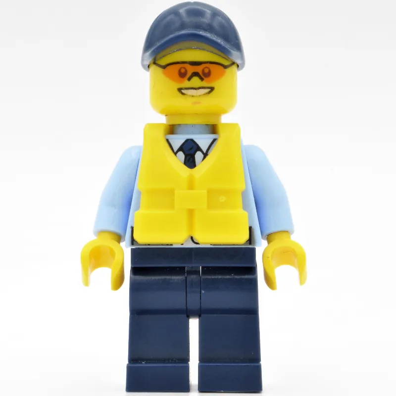 Policeman, Bright Light Blue Jacket with Zipper, Radio, Badge, and Tie, Dark Blue Legs, Dark Blue Cap, Yellow Life Vest, Orange Sunglasses