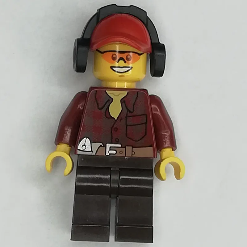 Lumberjack, Dark Red Flannel Shirt, Red Cap with Ear Defenders, Orange Safety Glasses