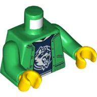 Torso Jacket over Dark Blue Shirt with White Collar and Raccoon Logo Print, Green Arms, Yellow Hands
