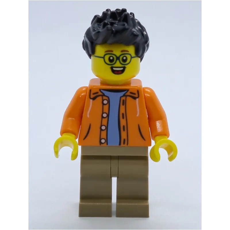 Man, Open Orange Jacket over Light Blue Shirt, Black Hair, Glasses