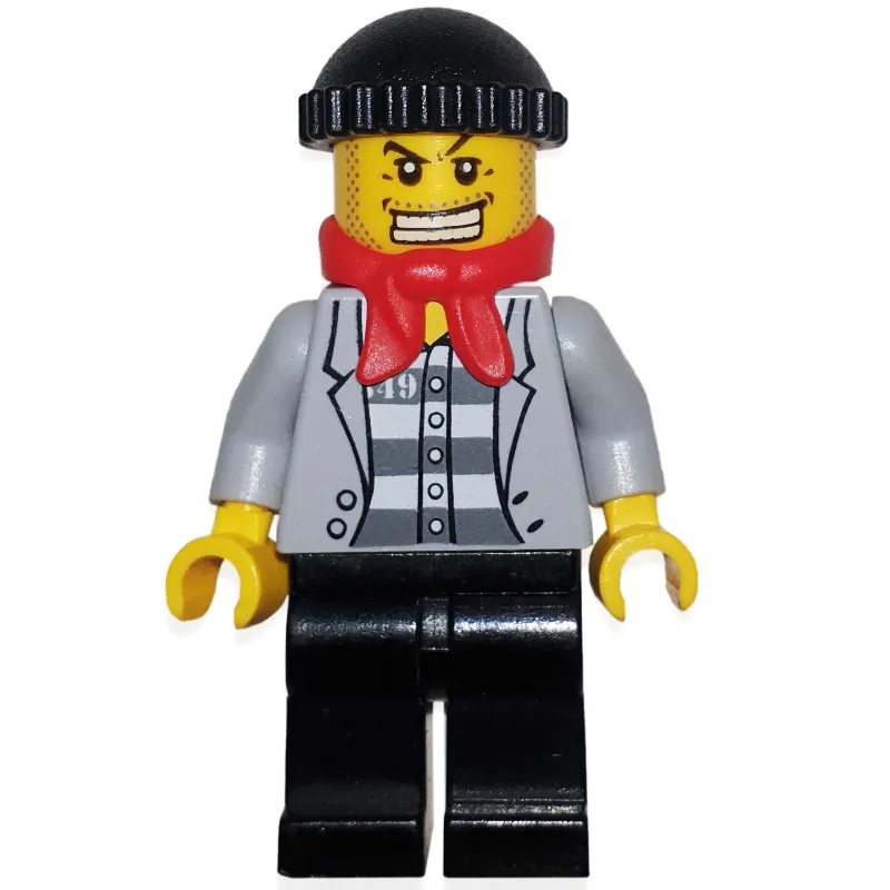 Criminal, Open Light Bluish Gray Jacket over Prison Shirt, Black Hat, Red Scarf, Gold Tooth