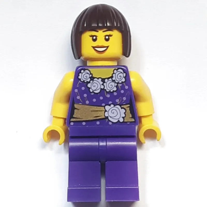 Woman, Dark Purple Outfit with Blouse, Flowers and Gold Sash, Dark Brown Hair