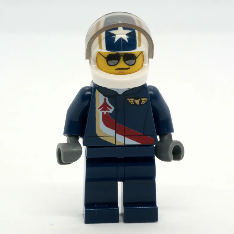 Pilot, Dark Blue Jumpsuit with Plane and Wings Badge, White Helmet with Stars and Visor, Sunglasses