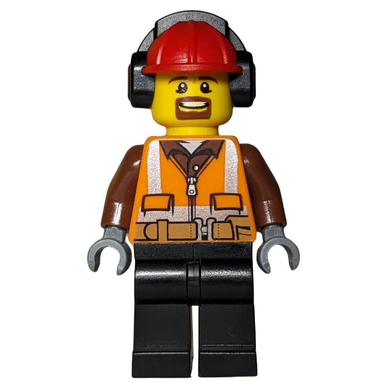 Man, Safety Vest with Belt, Black Legs, Red Hard Hat with Ear Defenders