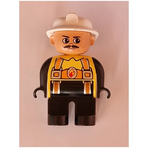 Duplo Figure, Early, Fire Helmet White, Black Legs, Orange Harness with Fire Badge, Moustache Print