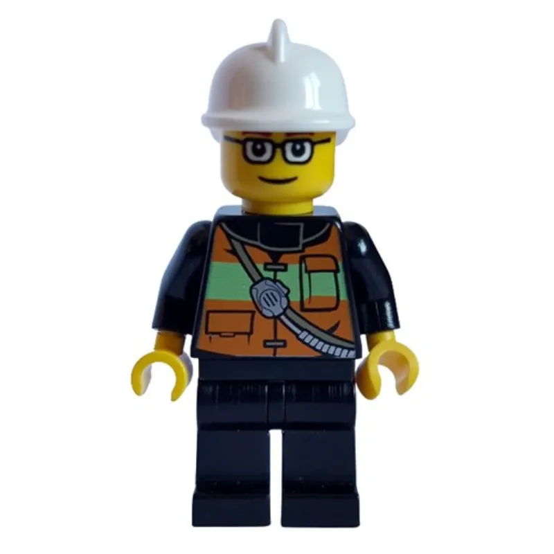Fireman with Reflective Stripe Vest with Pockets and Radio on Shoulder Strap, White Helmet, and Glasses