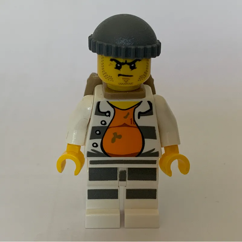 Criminal, Open Prison Shirt #18675 over Orange Top, Dark Bluish Gray Hat, Dark Tan Backpack, Stubble